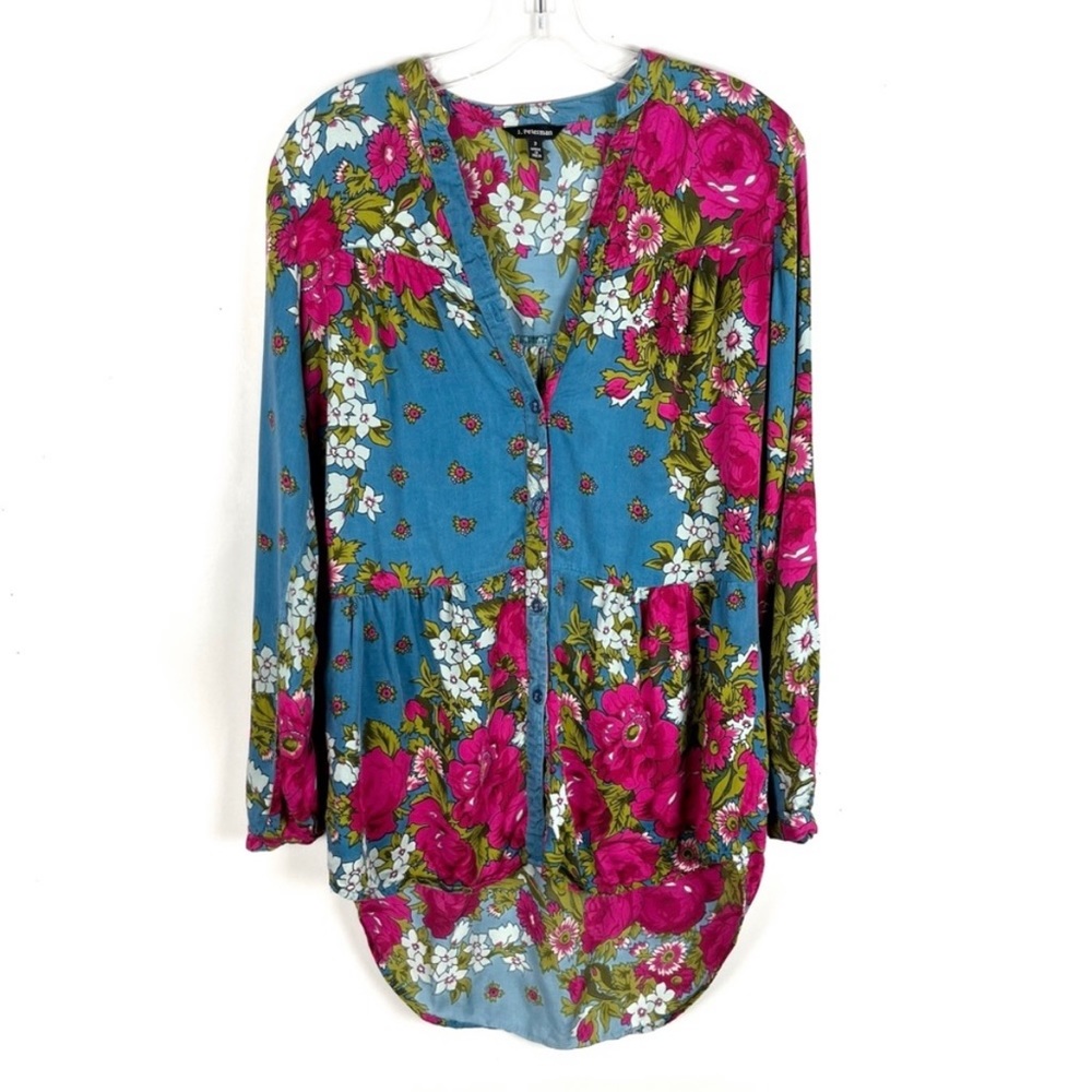 J. Peterman Blue Pink Floral Button Down High-Low Longline Tunic Top Size 2 Boho